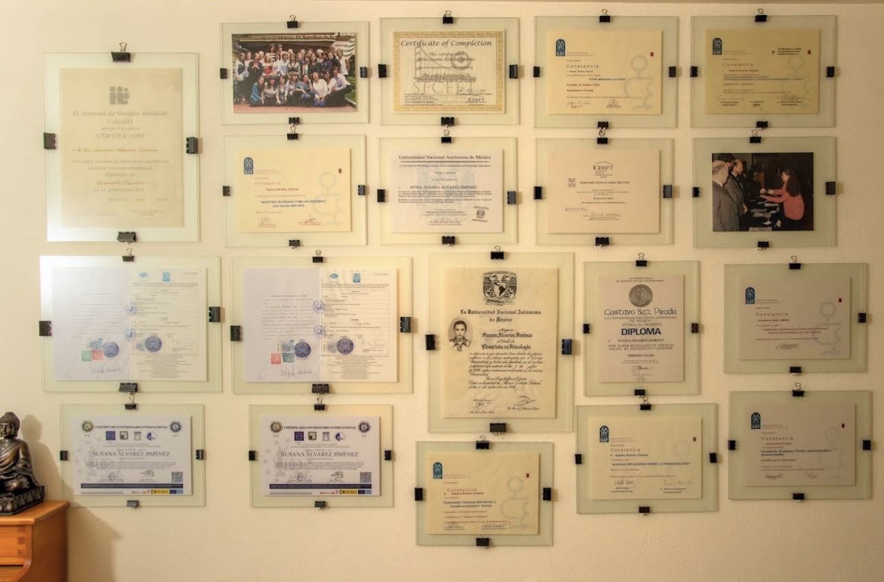 La pared completa del consultorio: diecinueve títulos, constancias y fotografías enmarcadas en vidrio, sujetos con pinzas de oficina.